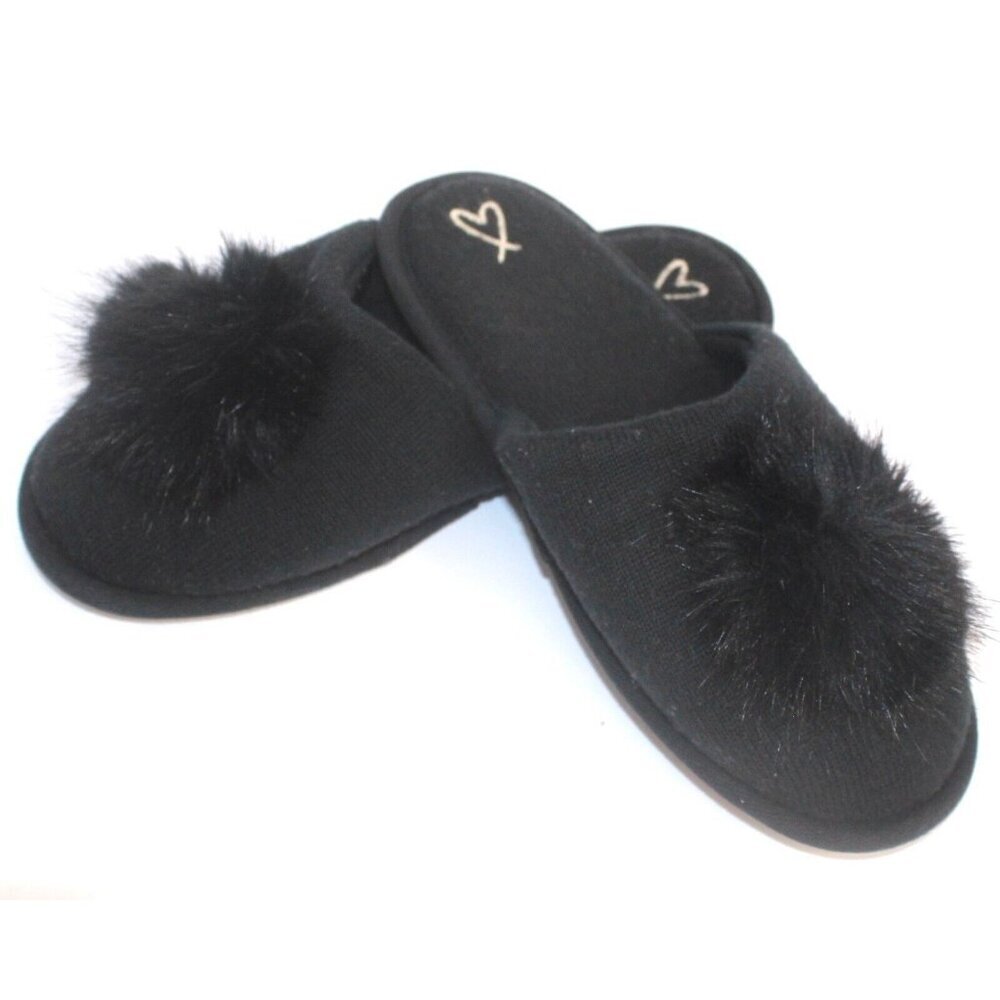Victoria's Secret Black Knit Embroidered‎ Pop Pom Slippers Slip On Women's Large